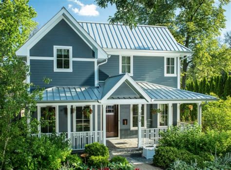 blue house white shutters metal roof|blue metal roof interior.